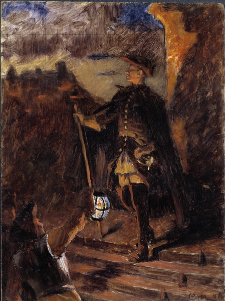 Skisse av Gustav Cederström: Karl 12. ved Fredriksten dagen da hann ble skutt.