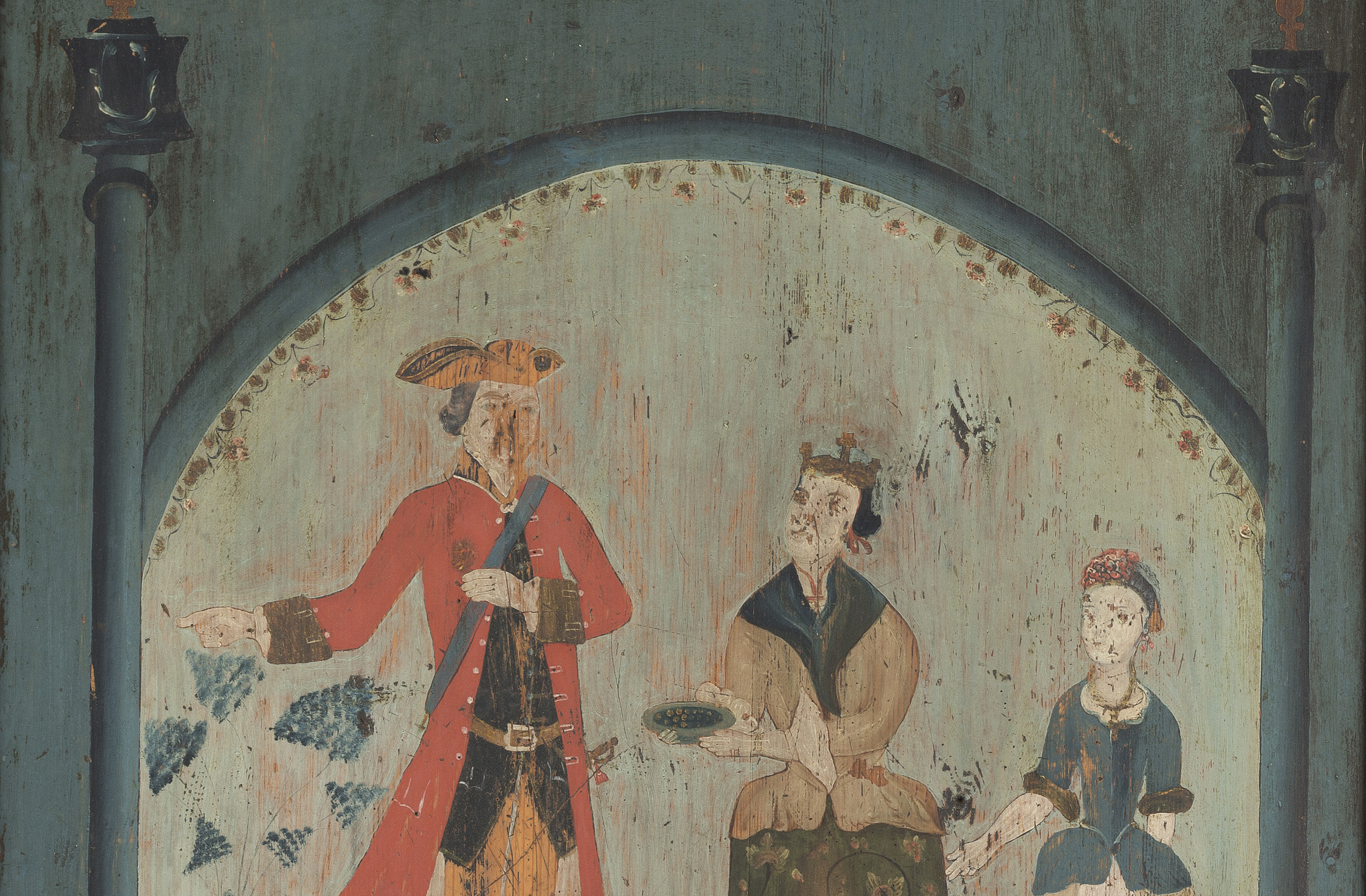 Høysetetavle - utsnitt som viser kong Salomo og dronningen av Saba med sin terne. Foto: Øyvind Andersen, Østfoldmuseene.