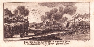 Angrepet på Halden i 1716 ifølge kunstner J. J. Tychbein.