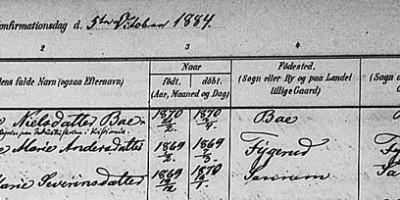 Utsnitt av kirkeboka som viser Jensine Baes konfirmasjon i 1884 og opplysningen om at hun er tatt opp ved industriskolen i 1887.