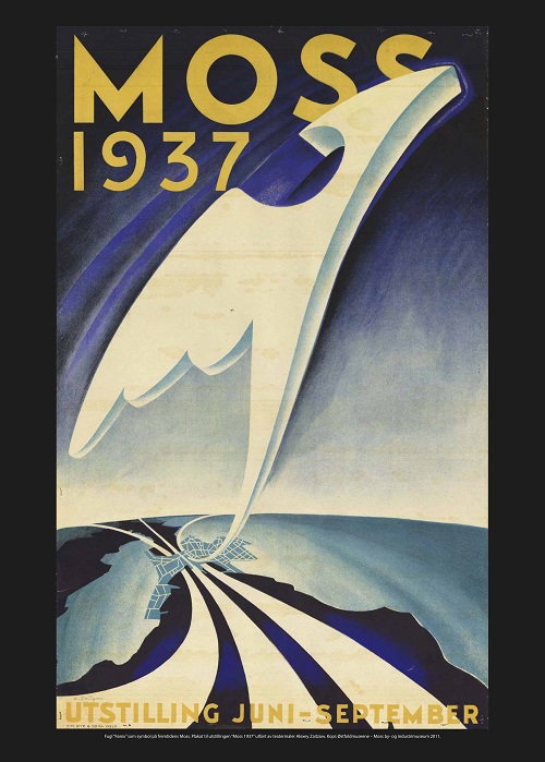 Fugl Fønix som symbol på fremtidens Moss. Plakaten er utført av teatermaler Alexey Zaitzow og ble brukt som gjennomgangsmotiv på plakater, kataloger og trykksaker under Mosseutstillingen på Skarmyra i 1937.