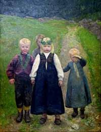 Bilde fra kunstsamlingene på Fredrikstad Museum. Bildet viser småbarns brudeferd.
